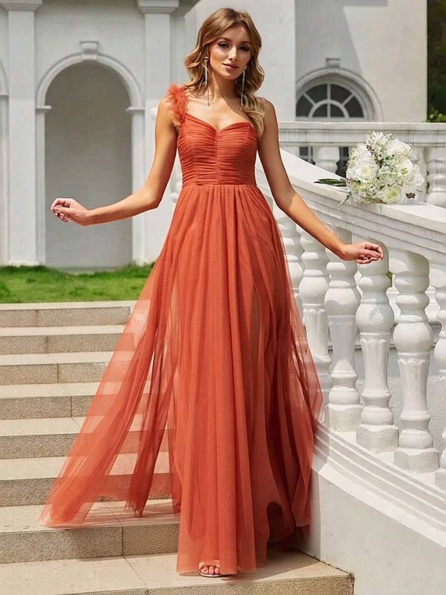 Spring One Shoulder Floral Embellished High Slit Sheer Mesh Tangerine Bridesmaid Dress, Elegant Wedding Guest Gown