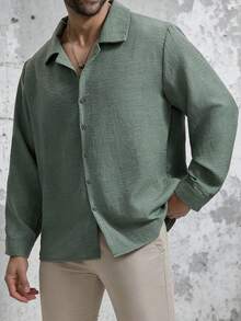 男士绿色纹理图案衬衫，西装领，长袖，单排扣开衫，时尚休闲大码衬衫，透气舒适，适合海滩、度假、工作、日常穿着、派对、婚礼等场合，是送给男友、丈夫、父亲的理想礼物，尤其适合父亲节。 - 綠色 - 查看 3