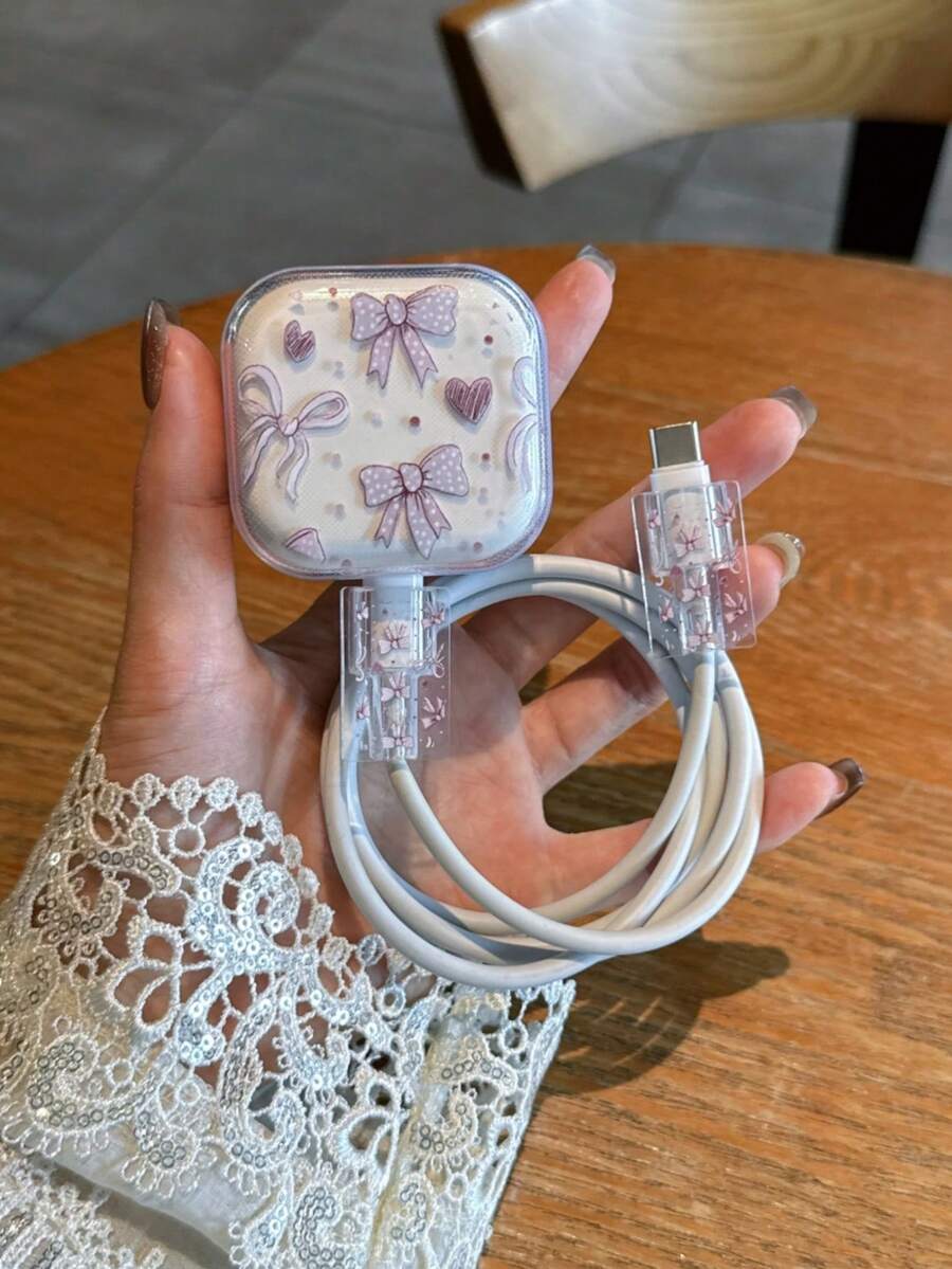 3件套波浪形充电线保护套,UV喷漆粉色蝴蝶结和爱心图案,适用于20W英规苹果快充,防止线缆损坏 - 彩色 - 查看 1