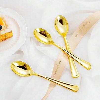 Gold-Tone Reusable Cutlery Set, Includes Spoon And Fork, Suitable For Parties, Festivals, Birthdays, Weddings, Outdoor Events, Family Gatherings, Cake And Salad Enjoyment