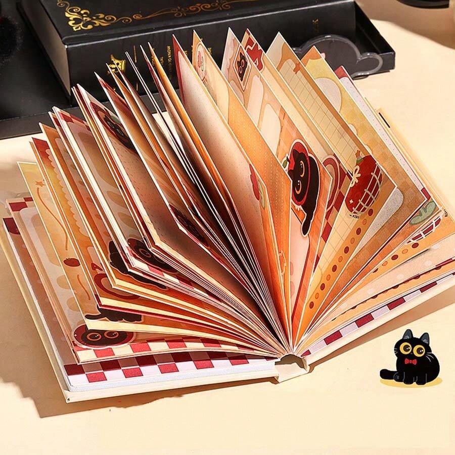 80页精美插画笔记本，附赠8张亚克力贴纸，全新扭扭胶囊笔记本，可爱卡通苹果猫图案，可作日记本、计划本——最佳返校礼物 - 彩色 - 查看 1