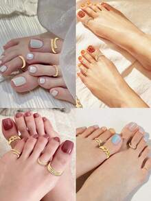 3-59pcs Assorted Elegant Heart, Star, Moon, Flower, Leaf, Geometric Gold Toe Rings, Versatile Beach, Date, Travel Gift For Girlfriend, Mom, Friend, Wife - Golden - View 6