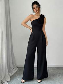 Women's One-Shoulder Jumpsuit With A 3D Rose Print, A Retro And Elegant Wide-Leg Style, Ideal For Banquets, Parties, And Other Occasions. - màu đen - Xem 8