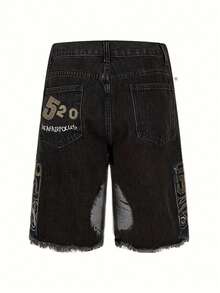 YANGCANREN 男士创意数字刺绣沙滩牛仔短裤 - 藍色 - 查看 5