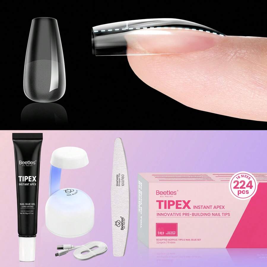 Beetles Tipex Lite Pre-Built Apex Nail Tips Kit, Stiletto Medium, With Tipex Nail Glue,  All-In-One Gel Nail Kit - Coffin Short 224pcs (Tipex Nail Kit) - View 1