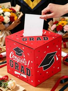 1 pieza Caja de tarjeta de papel de graduación, Caja de votación con tema de graduación rojo, Caja de recolección de decisiones de graduación, Decoraciones para fiesta de graduación, Accesorios para juegos de fiesta de graduación, Caja de votación para rey y reina del baile de graduación, Recuerdos de graduación - Rojo - Ver 3