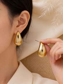 Set de 2/4 piezas de pendientes de aro curvo con forma de lágrima de metal, tono dorado/plateado, diseño grueso hipoalergénico, minimalista y elegante, adecuado para varios atuendos - Multicolor - Ver 8