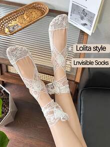 OU LIAN NIAO 4 kiểu tất vô hình buộc dây, đế silicon chống trượt, vải lưới thoáng khí, tất mùa hè dễ thương và ngọt ngào phong cách Lolita dành cho nữ, phù hợp để phối đồ hàng ngày, trang phục phong cách Y2K, trang phục dự tiệc và quà tặng ngày lễ. - Nhiều màu - Xem 9