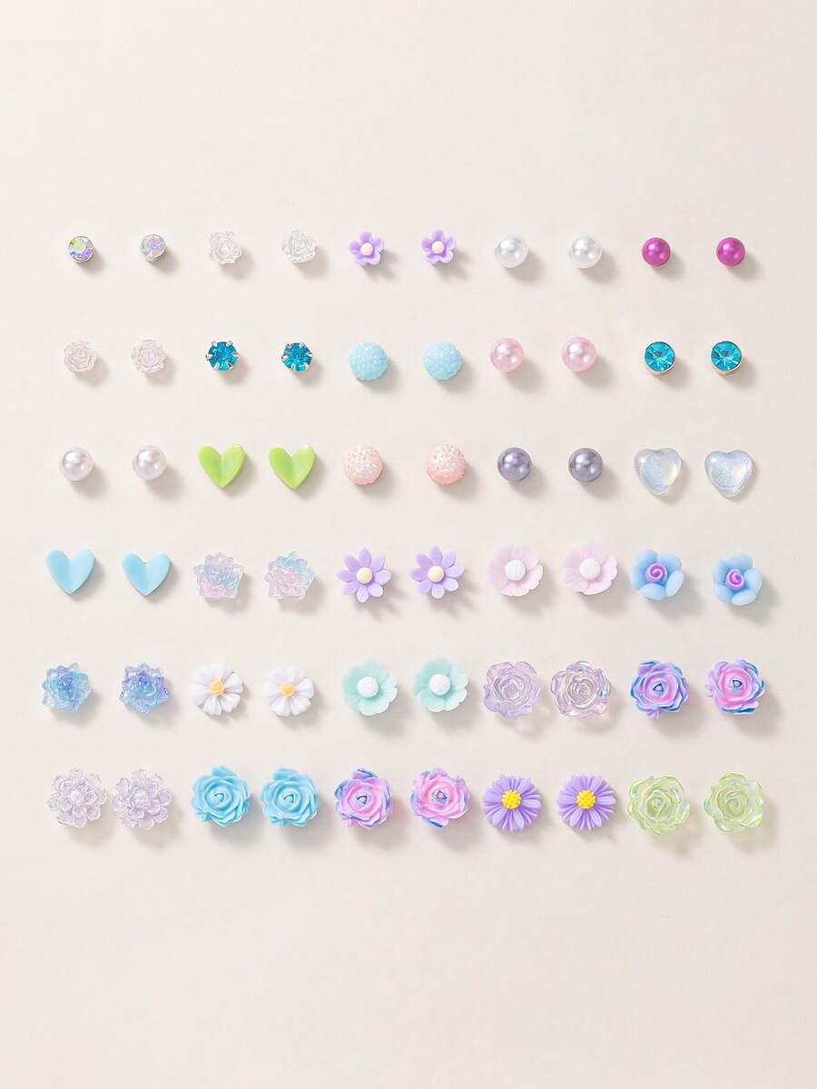 30 pares de juego de aretes elegantes y multicolor surtidos, con diseños de flores, corazones y moños, adecuados para citas, viajes y diversas ocasiones, regalo de joyería para amigos - Multicolor - Ver 1