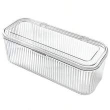 Porta-pincéis de maquiagem transparente de acrílico com tampa, grande capacidade, caixa organizadora de cosméticos com listras verticais, recipiente para maquiagem à prova de poeira, ideal para penteadeira, banheiro, quarto, presente perfeito para amantes de maquiagem. - Multicolorido - Ver 5