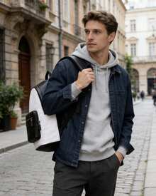Coach RIDGEWOOD Backpack In Signature Canvas With Varsity Stripe Men's Large Shoulder Bag - White and Black - View 2