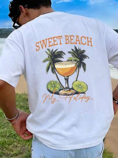男士白色柔软短袖T恤，透气舒适，背面印有椰树图案，度假风，可机洗，适合夏季海滩度假