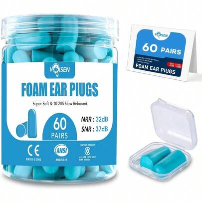 60 Pairs Foam Ear Plugs, Ear Plugs Sleeping Noise Cancelling, 32dB NRR, 37dB SNR Earplugs Sleeping, Snoring, Studying, Loud Events, Traveling Concerts, A Storage Box, Blue
