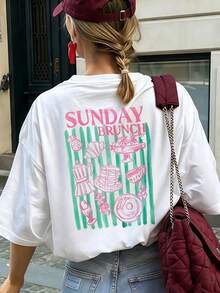 T-shirt a maniche corte in stile retrò americano con stampa a righe, morbida e dalla vestibilità ampia, perfetta per il brunch del domenica da donna, un capo energico e comodo per incontri del fine settimana, caffè e uscite in città. - Bianco - Visualizzare 6
