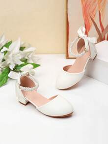 Summer Closed-Toe Hollow Pearl Decor High Heel Sandals, Girls' High Heel Dance Shoes, Student Performance & Daily Activity Sandals - White - View 3