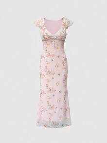 春夏荷叶边雪纺收腰鱼尾连衣裙，饰以珍珠和花卉印花，优雅精致，适合约会、度假、外出等场合。 - 彩色 - 查看 3