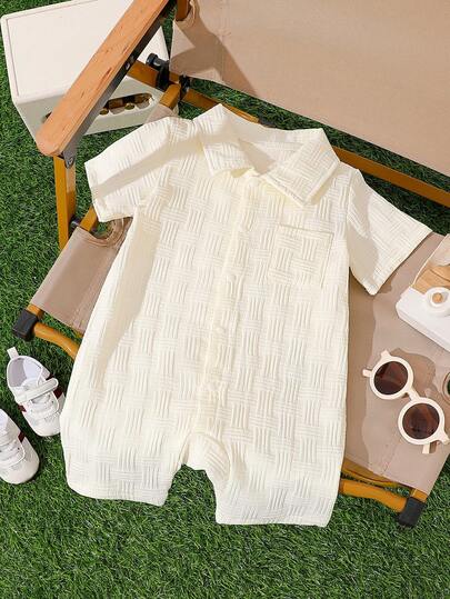 Baby Boy's Casual Solid Blue Short Sleeve Romper, Outdoor Outfit For Toddler Boys, Spring/Summer