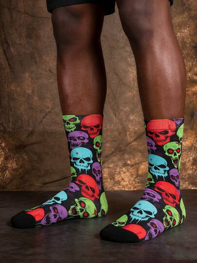 1/3 paire de chaussettes imprimées crâne rétro, mélange de style punk sombre et streetwear, couleurs vibrantes avec une ambiance artistique, chaussettes mi-mollet pour hommes, originales et pour l'été