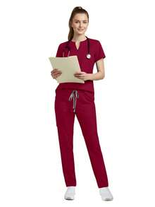 2pcs/Set Women Nurse Scrub Set, Top + Pants With Pockets, /Surgery Room/Beauty Salon Work Wear Spring Red - Red - View 8