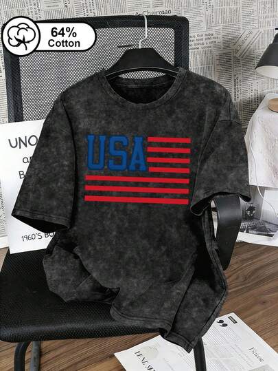 大码女式休闲日常穿着，美国爱国主题印花，复古雪洗大码短袖T恤，独立日爱国主义，适合户外穿着，夏季上衣，女式上衣，夏季服装，图案印花