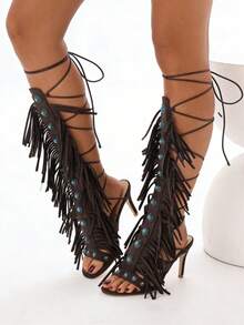 Women's Knee High Sandals High Heel Strappy Gladiator Shoes Fashion Fringe Tassels Lace-Up Sandalas Suede Open Toe With Stones Summer Shoes Beach Party Vacation Comfortable Shoes - 深棕色 - 查看 7