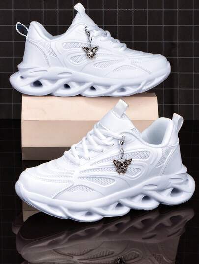 Women's 5CM Platform Chunky Sneakers, Y2K Sweet & Spicy Style, Vintage Metal Butterfly Decor, Casual Street Commute Sporty Shoes, Niche Design EVA High Elastic Mesh Hollow Outsole, Breathable Non-Slip, Lightweight Comfortable White Shoes