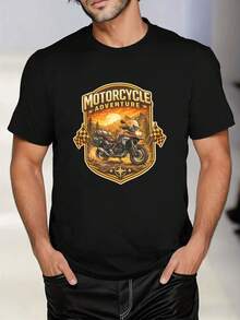 Camiseta masculina com estampa "Aventura de Motocicleta", algodão macio, estilo hip-hop urbano, confortável, durável e com design gráfico. - Preto - Ver 1
