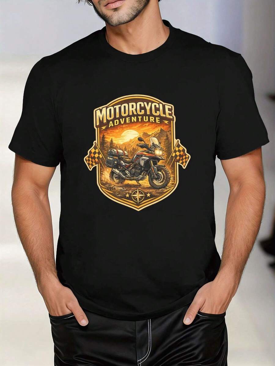 Camiseta masculina com estampa "Aventura de Motocicleta", algodão macio, estilo hip-hop urbano, confortável, durável e com design gráfico. - Preto - Ver 1