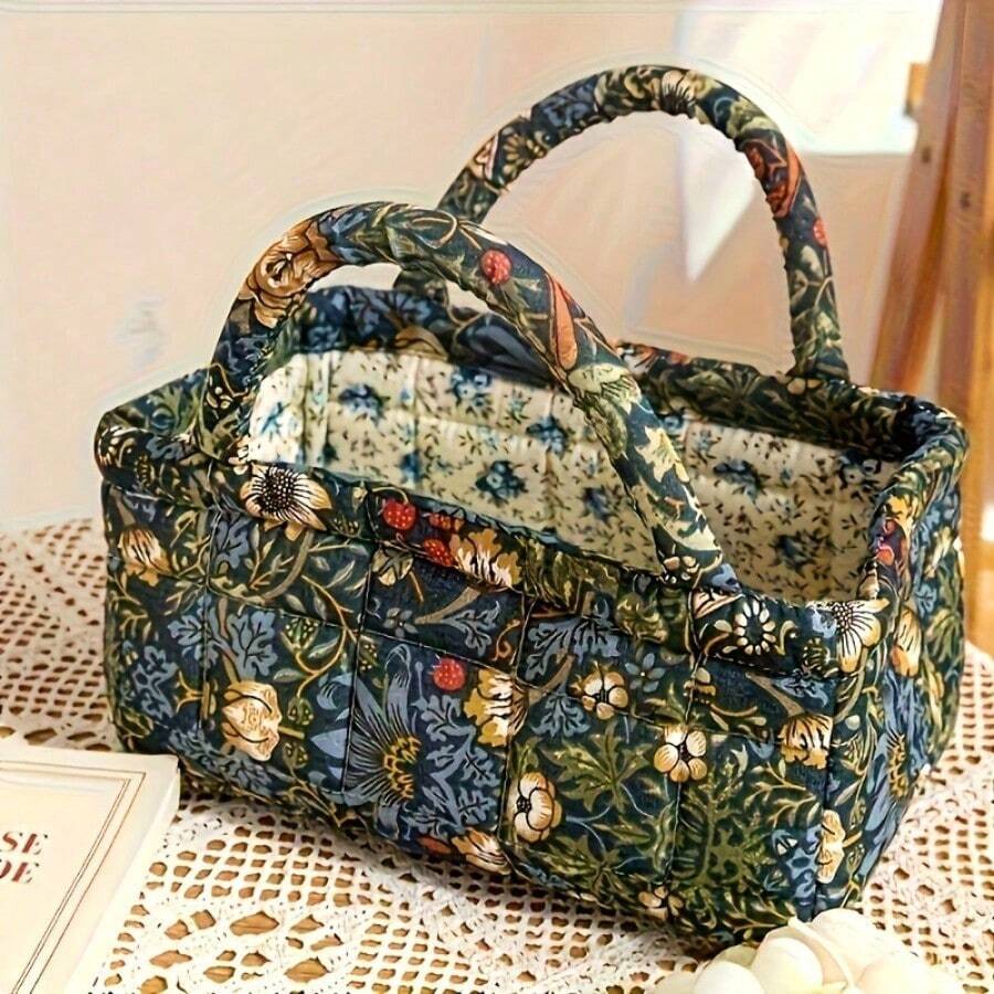 Trending Vintage Floral Quilted Storage Basket - Portable Foldable Handheld Organizer For Cosmetics, Toys & Home - 3199 - View 1