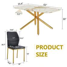 Table And Chair Set. 63" X 35.4" Luxurious White Marble-Patterned Tempered Glass Dining Table.Paired With 6 BLACK PU Material High Resilience Dining Chair With Metal Gold Leg. - Black + White+Gold + Breathable PU Leather + Glass+Metal + Seats 61 - View 4