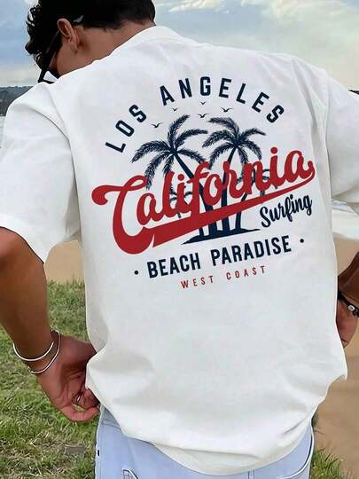 T-shirts à manches courtes Hauts d'été Imprimé graphique de surf à Los Angeles et en Californie, T-shirt à col ras du cou à manches courtes, décontracté pour l'été et le printemps, T-shirt en coton pour hommes Vêtements de la Fête du Roi