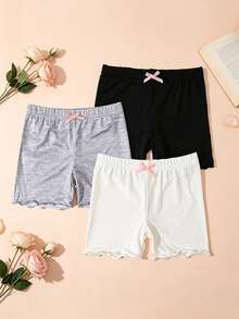 3pcs Girls' Solid Color Casual Shorts, Minimalist Frill Trim Leggings, Versatile Daily Wear - Multicolor - View 3