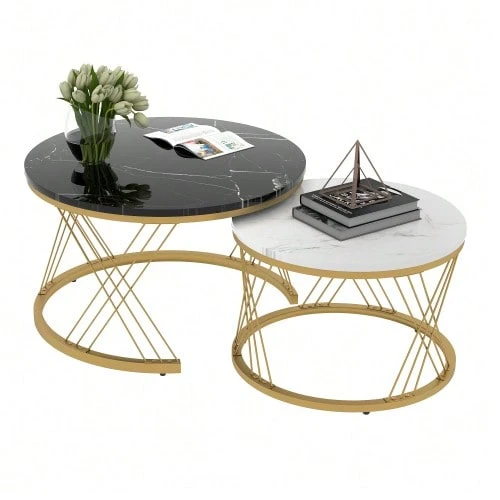 (WF300416AAA) Modern Stackable Coffee Table Set, Round Side Tables With Marble Top, Set Of 2, Gold Color Frame. - Black - View 1