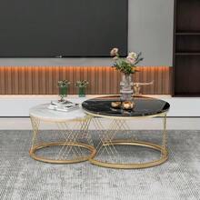 (WF300416AAA) Modern Stackable Coffee Table Set, Round Side Tables With Marble Top, Set Of 2, Gold Color Frame. - Black - View 4