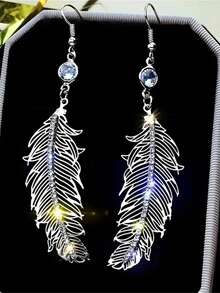 1 Pair Fashionable Luxurious Long Feather Earrings - Perfect For Weddings And Engagements - Crystal Dangle Jewelry Gift For Women - Silver - View 2