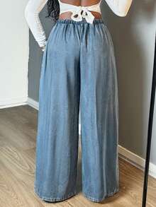 Women's Elastic Waist Baggy Wide Leg Jeans, Casual Loose Non-Stretch Denim Pants - 淺色水洗藍 - 查看 2