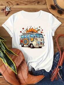 [Printed Bus Short Sleeve T-Shirt] Women'S Leisure Bus Printed Short Sleeve T-Shirt, Women'S Blazer, Stylish, Crewneck T-Shirt, Soft Fabric - White - View 1