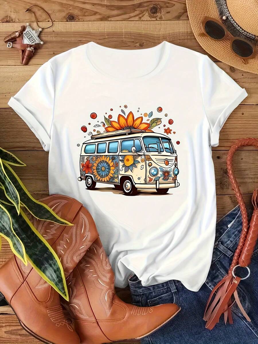 [Printed Bus Short Sleeve T-Shirt] Women'S Leisure Bus Printed Short Sleeve T-Shirt, Women'S Blazer, Stylish, Crewneck T-Shirt, Soft Fabric - White - View 1