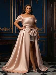 Plus Size Women's Elegant Short Formal Dress, Puff Sleeve Square Neck Flared Hem Party Pink Wedding - Pink - View 7