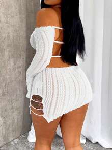 1 pieza Vestido mini blanco elegante de primavera con hombros descubiertos y diseño calado para mujer - Blanco - Ver 5