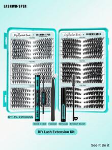 DIY Eyelash Extension Kit, 30-100D Fluffy Cluster False Eyelashes, Create Natural Lightweight Makeup Effect, Length 9-16mm, D Curl, Double-Ended Adhesive And Sealing Liquid, Remover, Tweezers And Eyelash Comb - Baby Blue - View 9