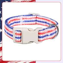 经典美国国旗条纹狗项圈 - 红白蓝星形图案 - 米色搭扣银色D形环 - 高级涤纶宠物用品 - 混合色 - 查看 9