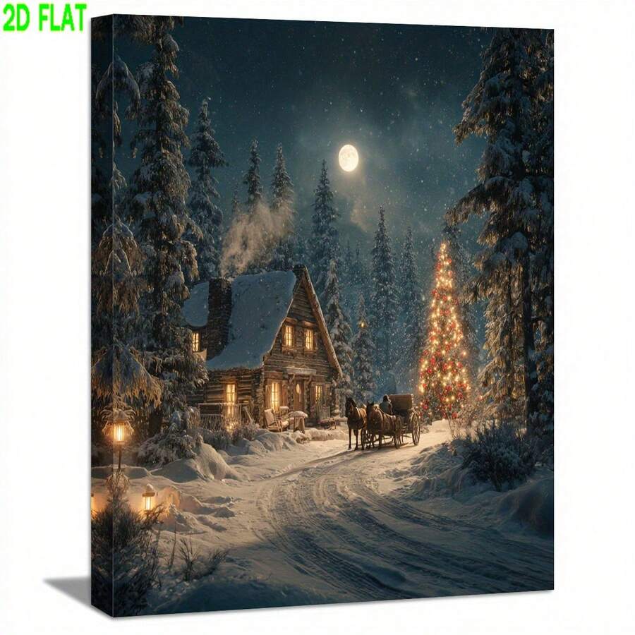 Arte de Pared en Lienzo con Marco de Madera Envuelto, Patrón de Cabaña Nieve Navideña, Carruaje y Árbol de Navidad, 2D Plano, 1 Pieza, Adecuado para Sala de Estar, Dormitorio, Estudio, Comedor, Bar, Pasillo, Colores Vivos de Alta Definición, Transmitiendo Temática Cálida y Romántica, Decoración de - Sin marco - Ver 1