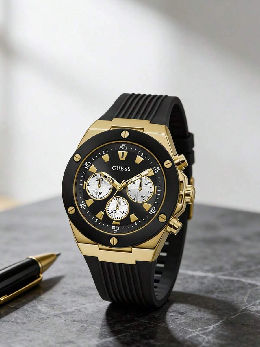 Guess Stainless Steel Case Rubber Strap Quartz Unisex Watch, Minimalist Fashion Design, Suitable For Daily Wear, Perfect Gift For Men And Women, Suitable For All Occasions. Model: GW0030L6/GW0057G1/GW0030L5/GW0057G2/GW0030L4/GW0057G3 - Black Gold - View 1