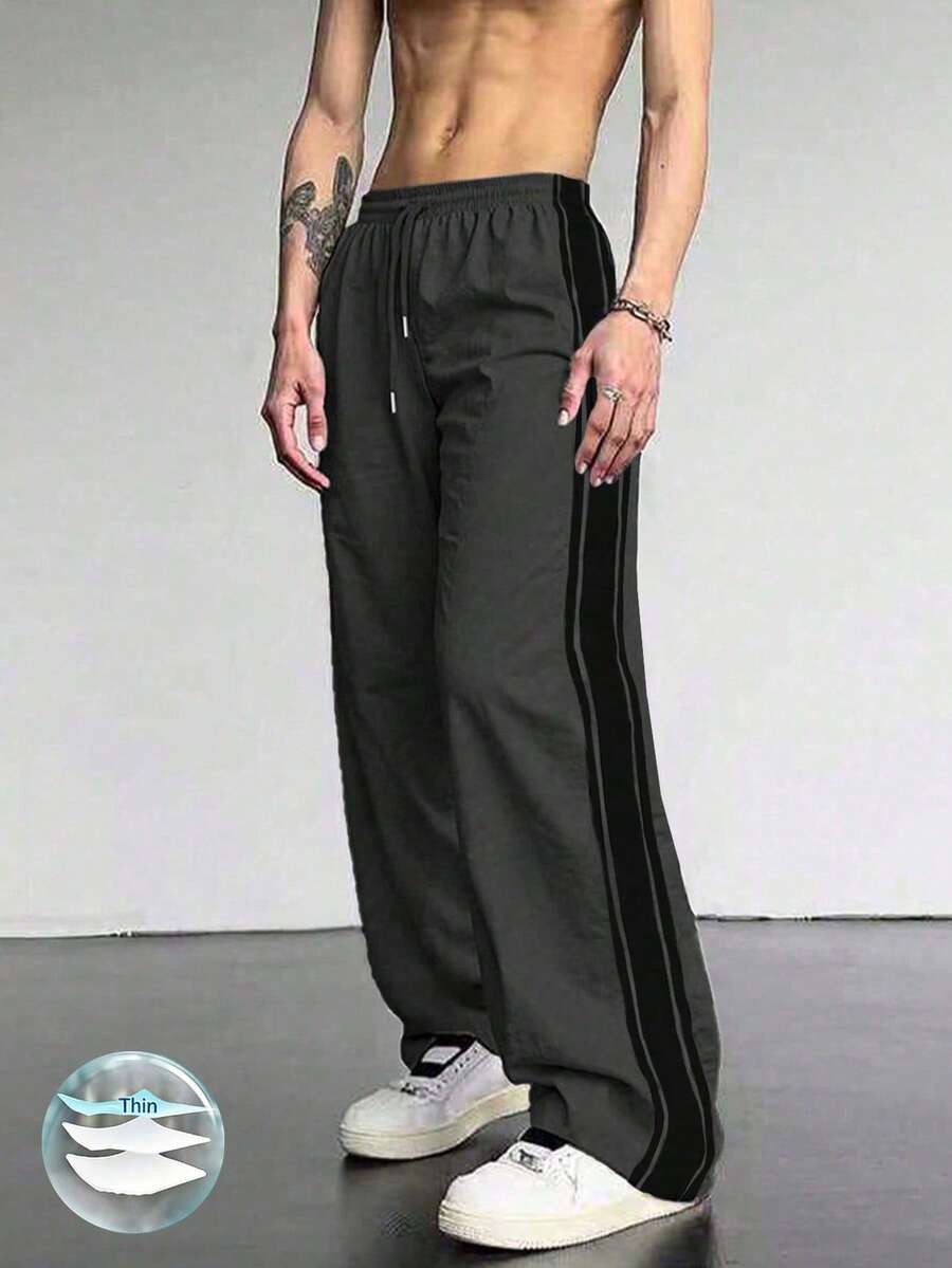 1pc Men's Lightweight, Fashionable, Versatile, Comfortable, Breathable, Casual, Sporty, Outdoor, Commute, Holiday Pocket Contrast Color Splice Pants, Suitable For Spring, Summer, Autumn, Winter - Dark Grey - View 1