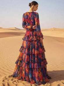 Women's New Vintage Floral Long Sleeve Ruffle Decor Multi-Layer Patchwork Design All Season Full Print Elegant Dress With Zipper, Formal Evening Gown Vacation Spring - Multicolor - View 2
