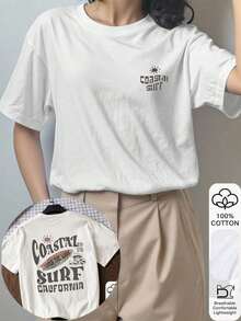 Oberteile Damen, Sommer-Tops, 100% Baumwolle, Kurzarm-T-Shirt mit California Beach-Print und Schriftzügen für Damen, Sommer-T-Shirt, Grafik-T-Shirt, lässiges Sommer-Outfit, Baumwoll-T-Shirt, Sommer-Top, Print-Design, Sommer-T-Shirt, T-Shirt für Damen, Top, Sommerkleidung, Urlaubsoutfit, Strand-Outfit, minimalistische Resort-Kleidung, Baumwoll-T-Shirt, Sommer-Outfit Damen - Weiss - Übersicht 2