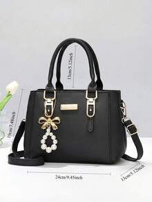 1pc Fashion Versatile Soft & Comfortable Fabric Minimalist Black Handbag, With Pearl Bow Pendant Accessory, Suitable For Travel, Outing, Shopping - Black - View 6