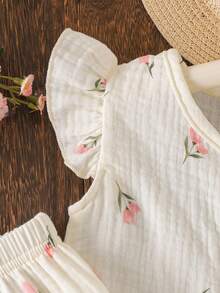 2pcs Baby Girls Floral Print Flutter Sleeve Top And Ruffle Hem Pants Set, Summer - White - View 3