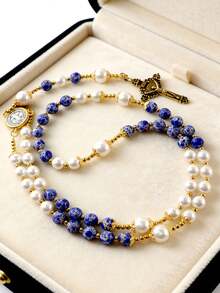 GO2CJBEADS 1pc Handmade Natural Stone Beads Rosary Cross Necklace, Classic Vintage Religious Gift, Beaded Necklace Prayer Jewelry - Z0694A - View 1